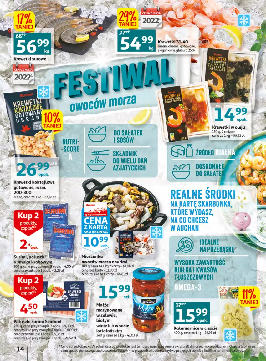 Gazetka promocyjna Auchan - Gazetka Wielkie majowe odkrycia cenowe Hipermarket Auchan - ważna 27.04 do 02.05.2023 - strona 14 - produkty: Glazura, Krewetki, Lazur, Małże, O nas, Olej, Sałat, Sok, Sos, Surimi