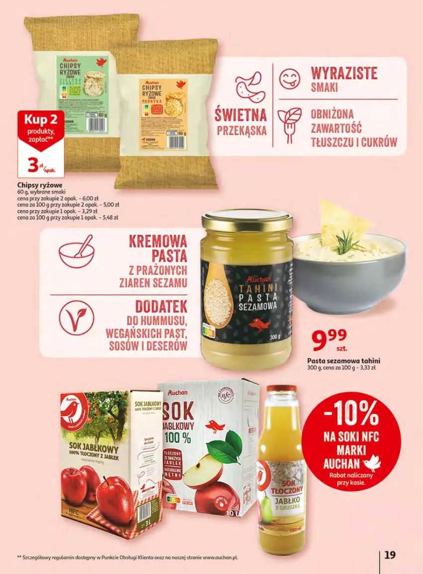 Gazetka promocyjna Auchan - Gazetka Wielkie majowe odkrycia cenowe Hipermarket Auchan - ważna 27.04 do 02.05.2023 - strona 19 - produkty: Chipsy, Deser, Hummus, Mus, Ryż, Ser, Sezam, Sok, Sok jabłkowy, Sos