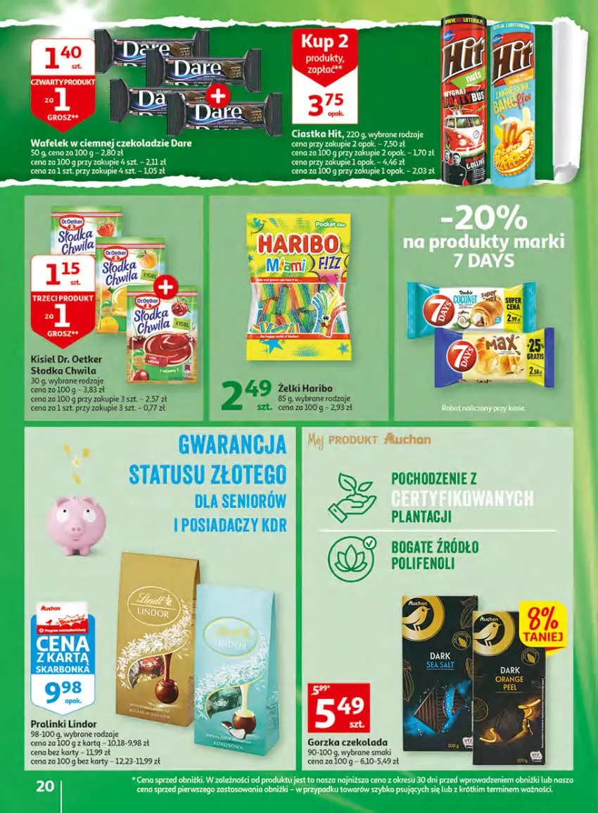 Gazetka promocyjna Auchan - Gazetka Wielkie majowe odkrycia cenowe Hipermarket Auchan - ważna 27.04 do 02.05.2023 - strona 20 - produkty: Ciastka, Czekolada, Dr. Oetker, Haribo, Kisiel, Lindor, Słodka Chwila