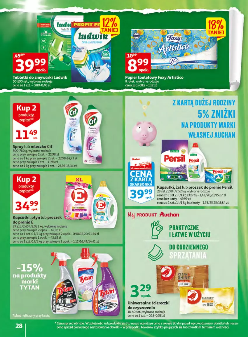 Gazetka promocyjna Auchan - Gazetka Wielkie majowe odkrycia cenowe Hipermarket Auchan - ważna 27.04 do 02.05.2023 - strona 28 - produkty: Cif, Foxy, Ludwik, Mleczko, Papier, Papier toaletowy, Persil, Proszek do prania, Ser, Tablet, Tabletki do zmywarki, Zmywarki