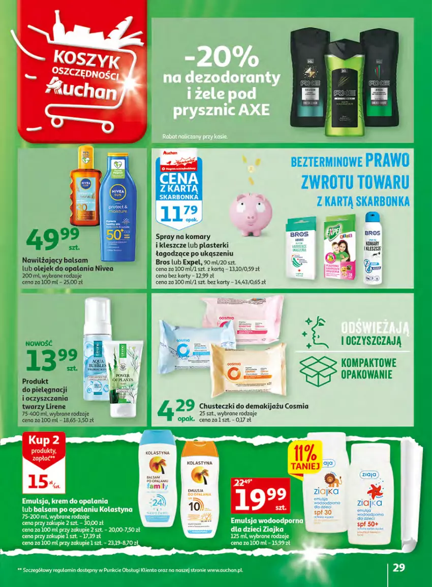 Gazetka promocyjna Auchan - Gazetka Wielkie majowe odkrycia cenowe Hipermarket Auchan - ważna 27.04 do 02.05.2023 - strona 29 - produkty: Chusteczki, Emulsja, Lirene, Makijaż, Nawilżający balsam, Nivea, Olej, Plasterki, Ziajka