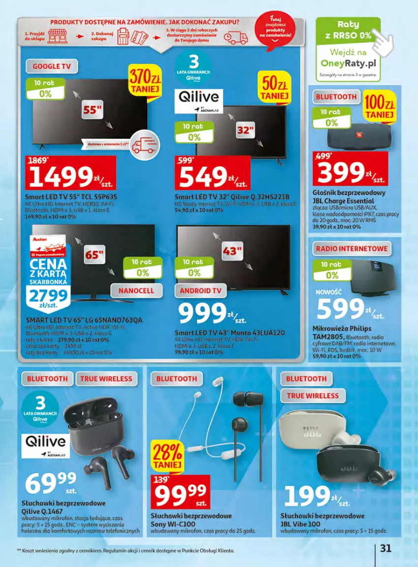 Gazetka promocyjna Auchan - Gazetka Wielkie majowe odkrycia cenowe Hipermarket Auchan - ważna 27.04 do 02.05.2023 - strona 31 - produkty: JBL, Kosz, LED TV, LG, Manta, Mikrofon, Mikrowieża, Philips, Słuchawki, Słuchawki bezprzewodowe, Sony, Telefon