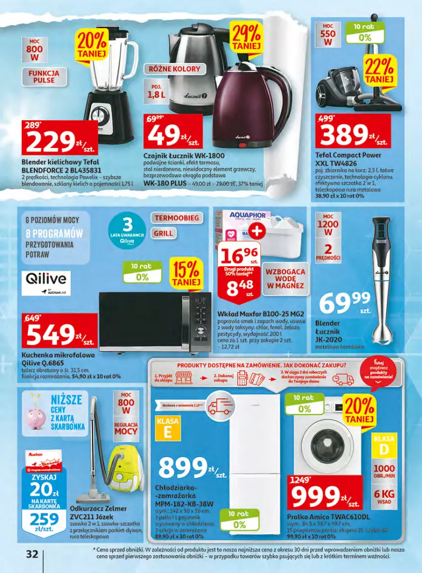 Gazetka promocyjna Auchan - Gazetka Wielkie majowe odkrycia cenowe Hipermarket Auchan - ważna 27.04 do 02.05.2023 - strona 32 - produkty: Amica, Aquaphor, Blender, Chłodziarka, Czajnik, Dywan, EPEE, Fa, Gra, Grill, Kuchenka mikrofalowa, O nas, Odkurzacz, Pojemnik, Pralka, Rura, Szczotka, Talerz, Tefal, Teleskop, Termos, Zamrażarka, Zelmer