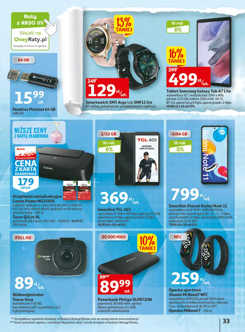 Gazetka promocyjna Auchan - Gazetka Wielkie majowe odkrycia cenowe Hipermarket Auchan - ważna 27.04 do 02.05.2023 - strona 33 - produkty: Acer, Akumulator, Amol, Bateria, Canon, Gala, Kosz, Monitor, Opaska, Pendrive, Philips, PLATINET, Por, Powerbank, Pulsoksymetr, Redmi Note, Samsung, Skaner, Smartfon, Smartwatch, Sok, Sport, Tablet, Tusz, Wideorejestrator