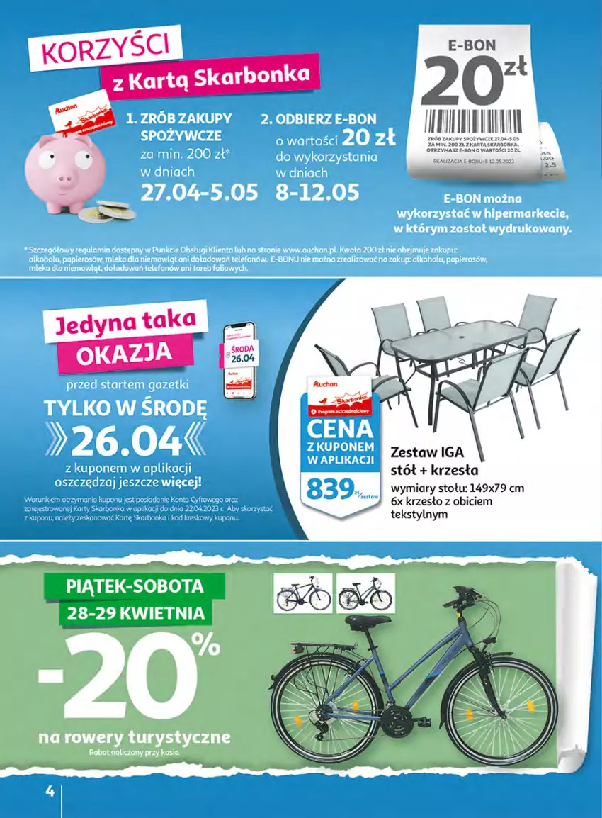 Gazetka promocyjna Auchan - Gazetka Wielkie majowe odkrycia cenowe Hipermarket Auchan - ważna 27.04 do 02.05.2023 - strona 4 - produkty: BIC, Krzesło, Rower, Stół