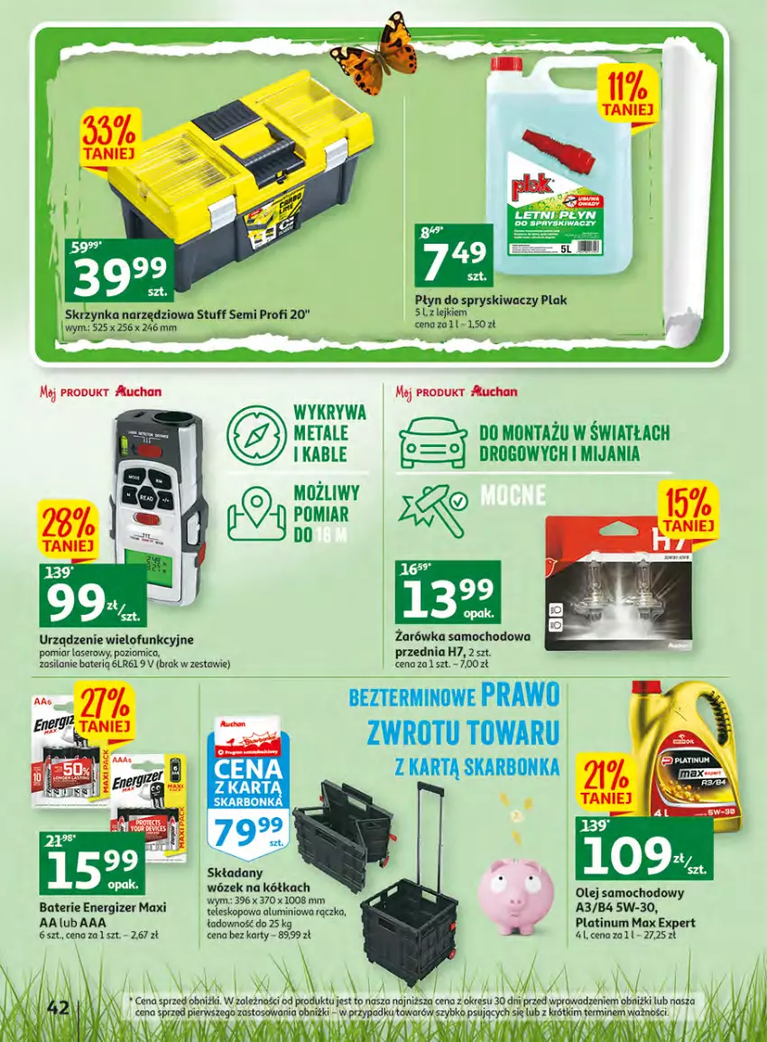 Gazetka promocyjna Auchan - Gazetka Wielkie majowe odkrycia cenowe Hipermarket Auchan - ważna 27.04 do 02.05.2023 - strona 42 - produkty: Energizer, O nas, Olej, Płyn do spryskiwaczy, Poziomica, Ser, Silan, Skrzynka narzędziowa, Teleskop, Urządzenie wielofunkcyjne, Wózek