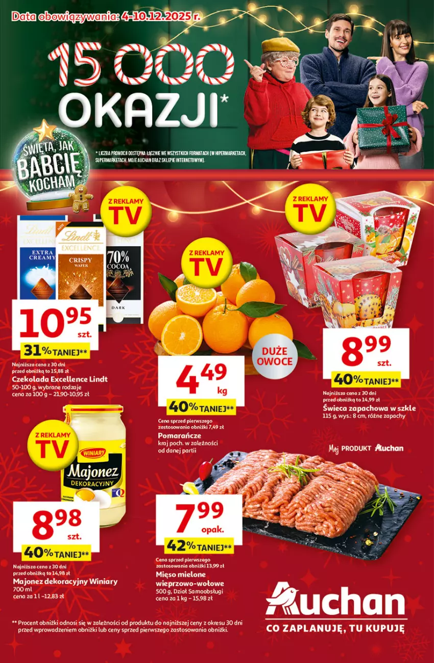 Gazetka promocyjna Auchan - Gazetka Święta jak babcię kocham Hipermarket Auchan - ważna 04.12 do 10.12.2025 - strona 1 - produkty: Czekolada, Fa, Lindt, Majonez, Pomarańcze, Winiary