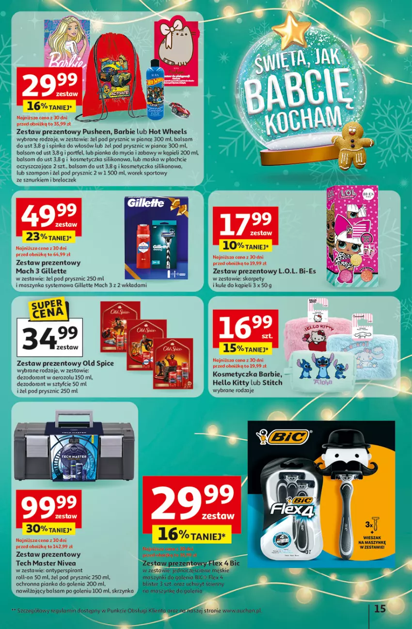 Gazetka promocyjna Auchan - Gazetka Święta jak babcię kocham Hipermarket Auchan - ważna 04.12 do 10.12.2025 - strona 15 - produkty: Antyperspirant, Balsam do ust, Balsam po goleniu, Barbie, BIC, Breloczek, Dezodorant, Gillette, Hot Wheels, Inka, Karp, Kosmetyczka, L.O.L., Maska, Maska w płachcie, Maszynka, Nivea, Old Spice, Pianka do golenia, Por, Sport, Szampon, Szynka, Zestaw prezentowy