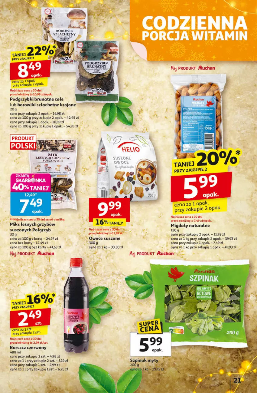 Gazetka promocyjna Auchan - Gazetka Święta jak babcię kocham Hipermarket Auchan - ważna 04.12 do 10.12.2025 - strona 21 - produkty: Bezy, Borowiki, Borowiki szlachetne, LG, Migdały, Owoce, Owoce suszone, Podgrzybki, Szpinak