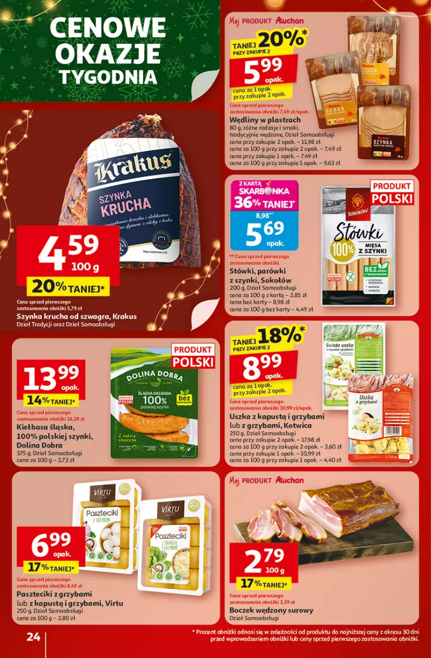 Gazetka promocyjna Auchan - Gazetka Święta jak babcię kocham Hipermarket Auchan - ważna 04.12 do 10.12.2025 - strona 24 - produkty: Boczek, Gra, Kaki, Kapustą, Kiełbasa, Kiełbasa śląska, Krakus, Parówki, Sok, Sokołów, Szynka, Virtu