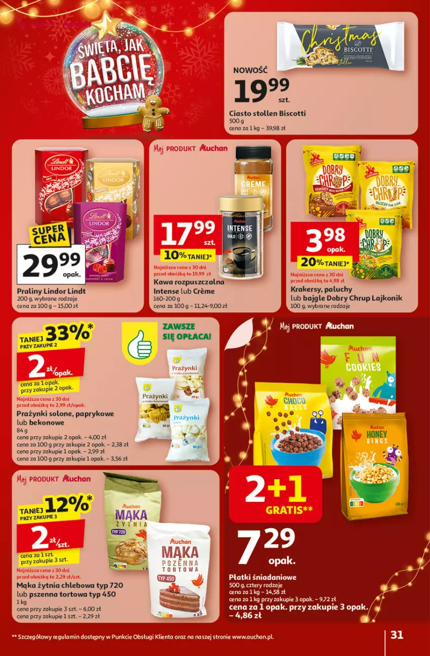 Gazetka promocyjna Auchan - Gazetka Święta jak babcię kocham Hipermarket Auchan - ważna 04.12 do 10.12.2025 - strona 31 - produkty: Bajgle, Beko, Chleb, Danio, Kawa, Kawa rozpuszczalna, Lajkonik, Lindor, Lindt, Mąka, Praliny
