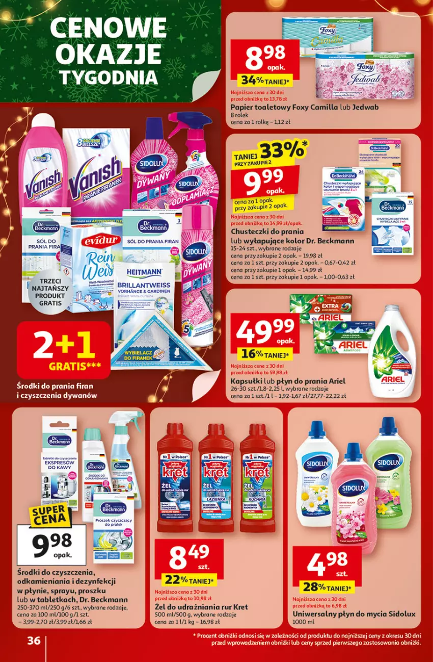 Gazetka promocyjna Auchan - Gazetka Święta jak babcię kocham Hipermarket Auchan - ważna 04.12 do 10.12.2025 - strona 36 - produkty: Ariel, Chusteczki, Chusteczki do prania, Dywan, Foxy, Gra, Kret, Papier, Papier toaletowy, Płyn do mycia, Płyn do prania, Sidolux, Tablet