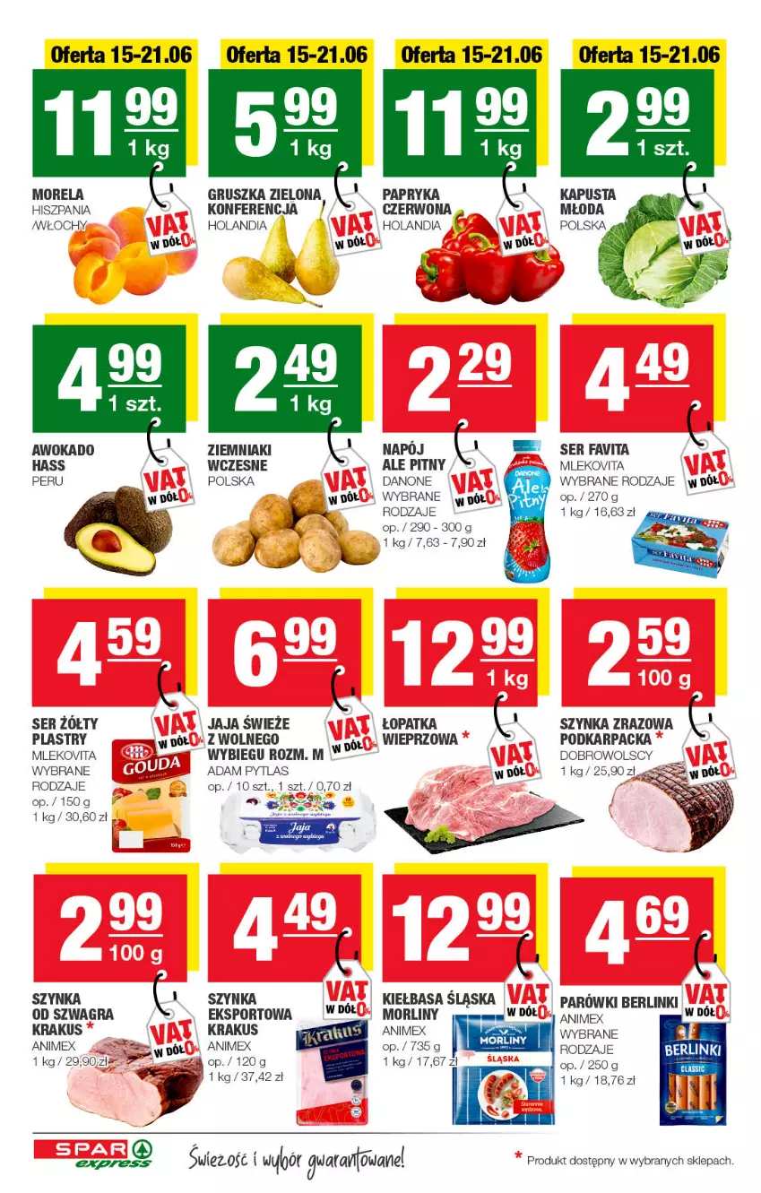 Gazetka promocyjna Spar - SparExpress - ważna 12.06 do 22.06.2022 - strona 2 - produkty: Berlinki, Danone, Fa, Favita, Gra, Jaja, Karp, Kiełbasa, Kiełbasa śląska, Krakus, Mleko, Mlekovita, Morela, Morliny, Napój, Papryka, Parówki, Por, Ser, Sport, Szynka, Ziemniaki