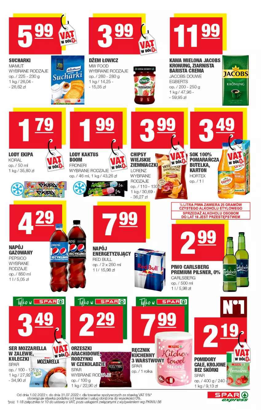 Gazetka promocyjna Spar - SparExpress - ważna 12.06 do 22.06.2022 - strona 3 - produkty: Carlsberg, Chipsy, Dżem, Hortex, Jacobs, Kaktus, Kawa, Kawa mielona, Lody, Lorenz, Mozzarella, Napój, Oral B, Orzeszki, Pepsi, Piwo, Pomidory, Red Bull, Rodzynki, Ser, Sok