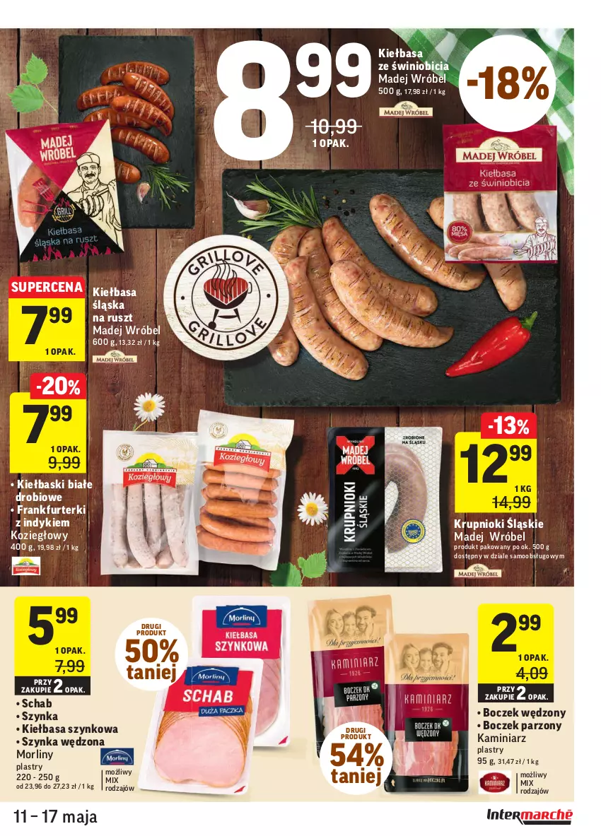 Gazetka promocyjna Intermarche - Świeżo i tanio - ważna 11.05 do 17.05.2021 - strona 13 - produkty: BIC, Boczek, Frankfurterki, Kiełbasa, Kiełbasa szynkowa, Kiełbaski białe, Madej Wróbel, Morliny, Szynka