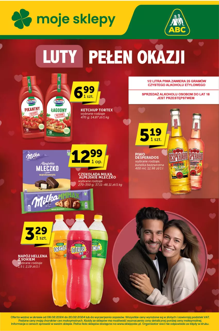 Gazetka promocyjna ABC - ważna 08.02 do 20.02.2024 - strona 1 - produkty: Czekolada, Desperados, Gra, Hellena, K2, Ketchup, Milka, Mleczko, Napój, Piwa, Piwo, Sok