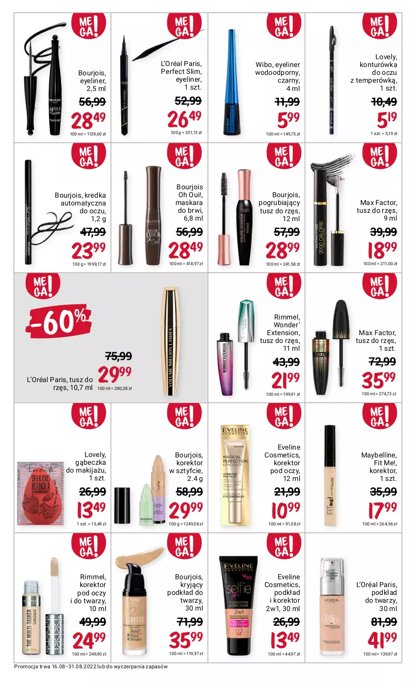 Gazetka promocyjna Rossmann - 16 sierpnia - ważna 16.08 do 31.08.2022 - strona 10 - produkty: Bell, Bourjois, Eveline, Fa, Konturówka do oczu, Kredka, L’Oréal, Lovely, Makijaż, Maska, Maskara, Max Factor, Maybelline, Podkład, Podkład do twarzy, Por, Tusz, Wibo