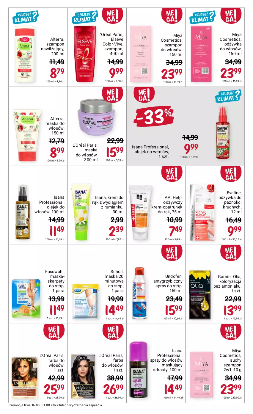 Gazetka promocyjna Rossmann - 16 sierpnia - ważna 16.08 do 31.08.2022 - strona 6 - produkty: Alterra, BIC, Elseve, Eveline, Fa, Farba do włosów, Garnier, Isana, Karp, Kask, Krem do rąk, L’Oréal, Maska, Maska do włosów, Miya Cosmetics, Odżywka, Olej, Rum, Scholl, Suchy szampon, Szampon, Undofen