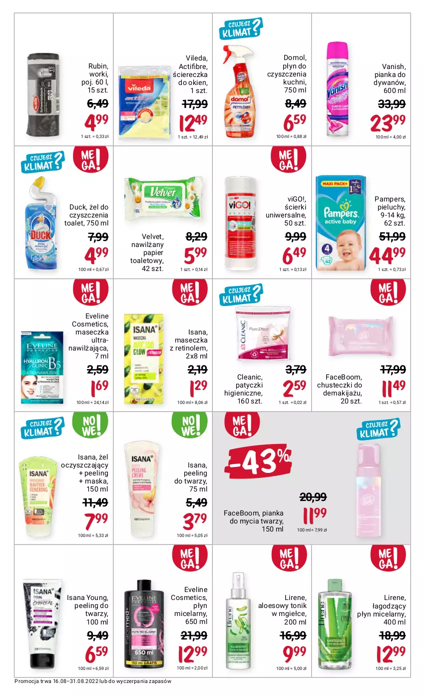 Gazetka promocyjna Rossmann - 16 sierpnia - ważna 16.08 do 31.08.2022 - strona 8 - produkty: Chusteczki, Cleanic, Domol, Duck, Dywan, Eveline, Fa, Isana, Lirene, Makijaż, Maska, Nawilżany papier, Pampers, Papier, Papier toaletowy, Peeling, Pianka do mycia twarzy, Pieluchy, Płyn micelarny, Rubin, Tonik, Tran, Vanish, Velvet, Vileda