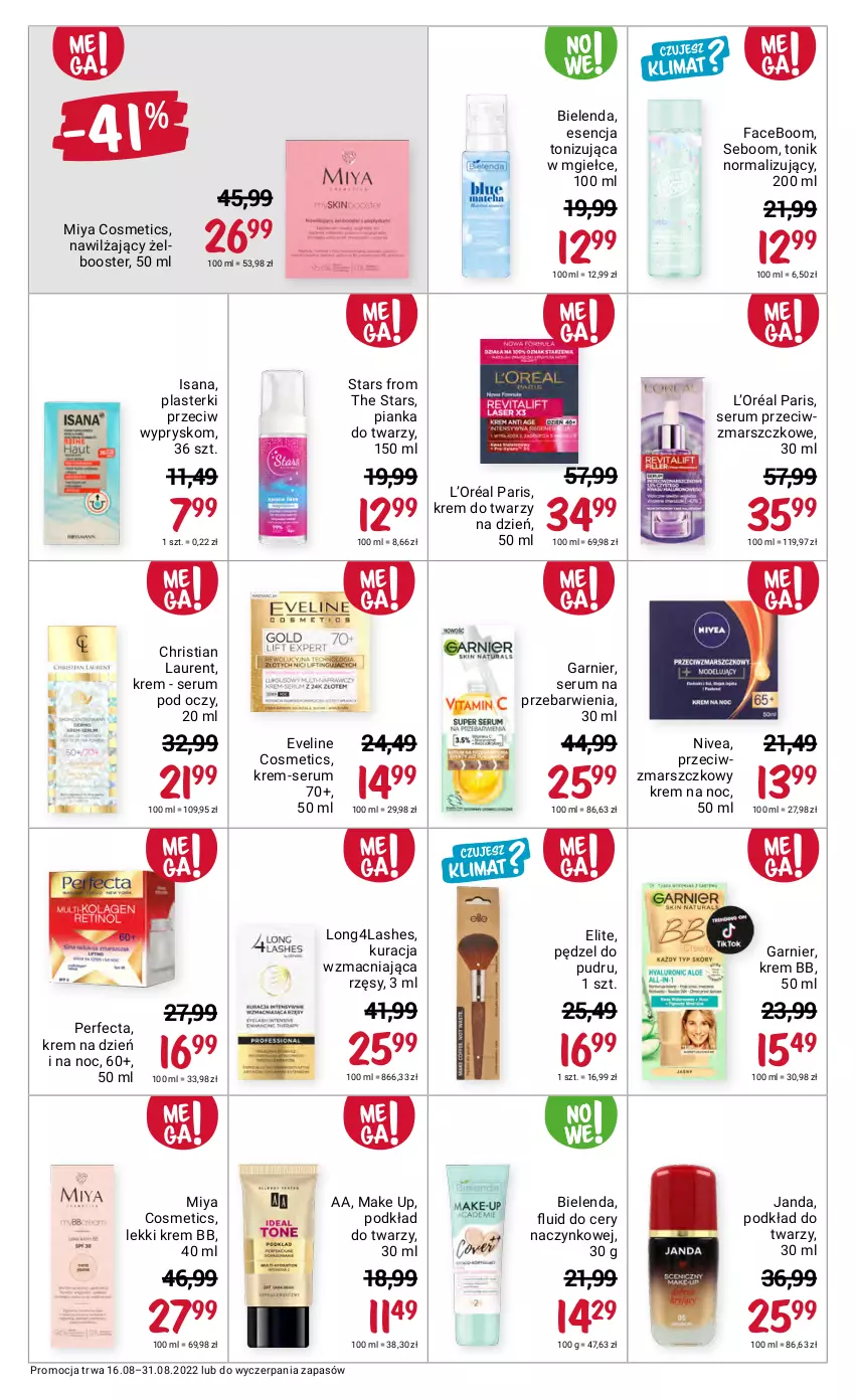 Gazetka promocyjna Rossmann - 16 sierpnia - ważna 16.08 do 31.08.2022 - strona 9 - produkty: Bielenda, Booster, Eveline, Fa, Garnier, Isana, Krem bb, Krem do twarzy, Krem na dzień, Krem na dzień i na noc, Krem na noc, L’Oréal, Laur, Mars, Miya Cosmetics, Nivea, Pędzel do pudru, Perfecta, Plasterki, Podkład, Podkład do twarzy, Rum, Ser, Serum, Serum pod oczy, Tonik