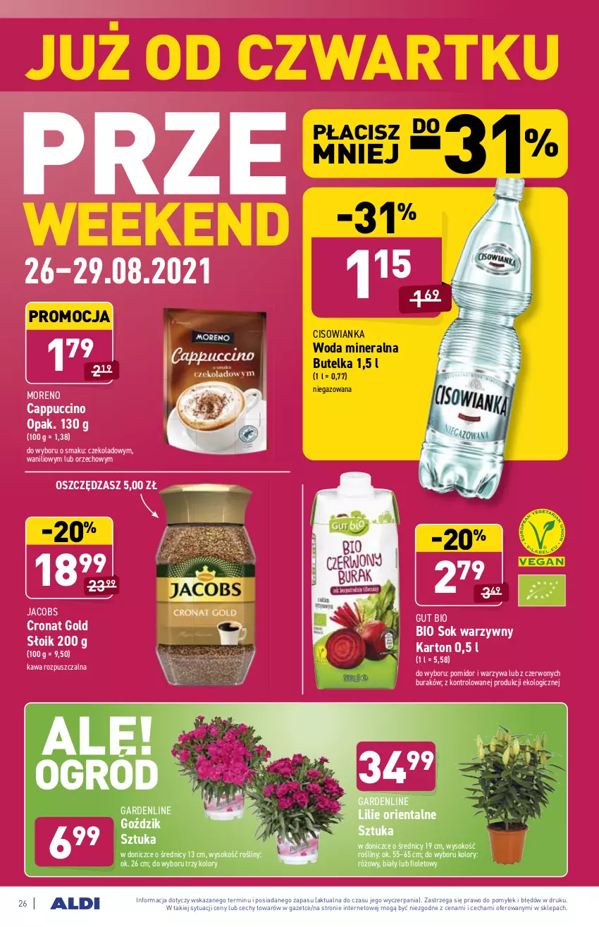 Gazetka promocyjna Aldi - SUPER SMACZNE OKAZJE - ważna 23.08 do 29.08.2021 - strona 26 - produkty: Cappuccino, Cisowianka, Jacobs, Kawa, Kawa rozpuszczalna, Sok, Warzywa, Woda, Woda mineralna