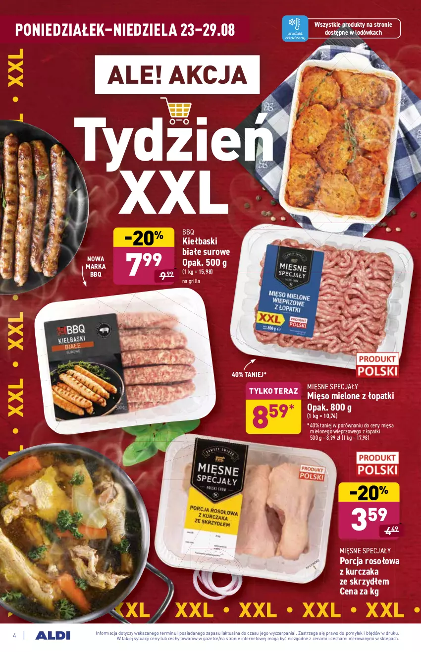 Gazetka promocyjna Aldi - SUPER SMACZNE OKAZJE - ważna 23.08 do 29.08.2021 - strona 4 - produkty: Grill, Kiełbaski białe, Kurczak, Lodówka, Mięsne specjały, Mięso, Mięso mielone, Por, Tera