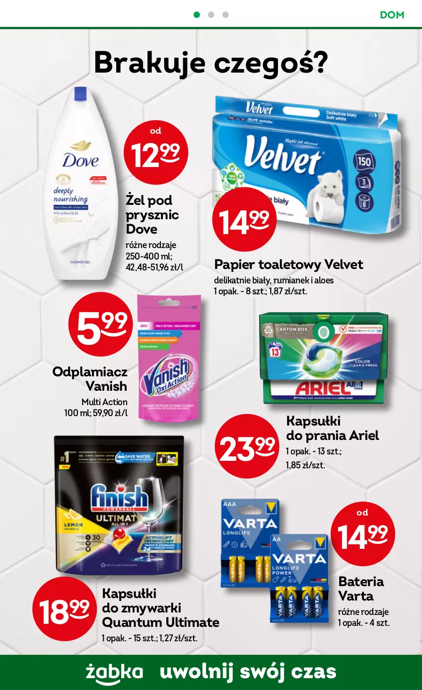 Gazetka promocyjna Żabka - ważna 22.11 do 05.12.2023 - strona 49 - produkty: Ariel, Bateria, Dove, Kapsułki do prania, Odplamiacz, Papier, Papier toaletowy, Rum, Vanish, Varta, Velvet, Zmywarki