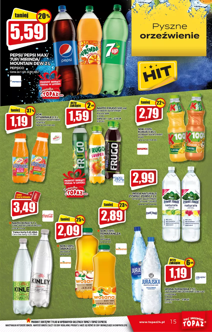 Gazetka promocyjna Topaz - Gazetka - ważna 13.01 do 19.01.2022 - strona 15 - produkty: Coca-Cola, Gin, Hortex, Inka, Pepsi, Sok, Top, Woda, Wosana