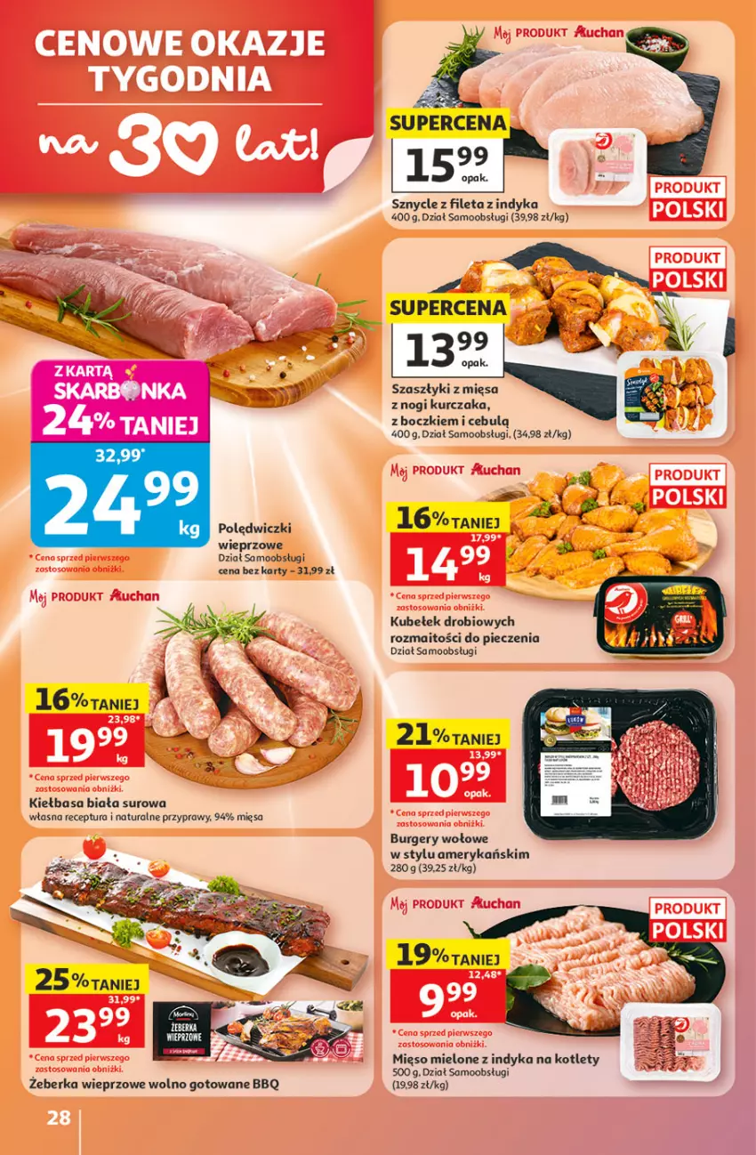 Gazetka promocyjna Auchan - Gazetka 30 Lat Hipermarket Auchan - ważna 21.05 do 27.05.2026 - strona 28 - produkty: Burger, Kiełbasa, Kiełbasa biała, Kotlet, Kurczak, Mięso, Mięso mielone, Piec, Przyprawy