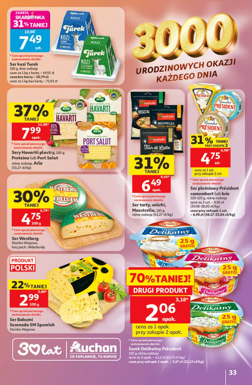 Gazetka promocyjna Auchan - Gazetka 30 Lat Hipermarket Auchan - ważna 21.05 do 27.05.2026 - strona 33 - produkty: Brie, Camembert, Havarti, Por, Ser, Ser kozi, Ser pleśniowy, Twaróg