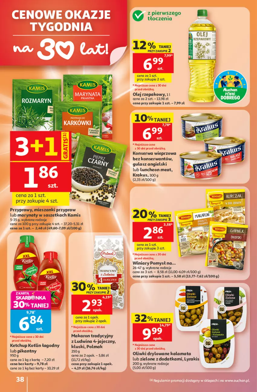 Gazetka promocyjna Auchan - Gazetka 30 Lat Hipermarket Auchan - ważna 21.05 do 27.05.2026 - strona 38 - produkty: Kamis, Ketchup, Kotlin, Krakus, Makaron, Olej, Olej rzepakowy, Oliwki, Olma, Przyprawy, Ser, Winiary
