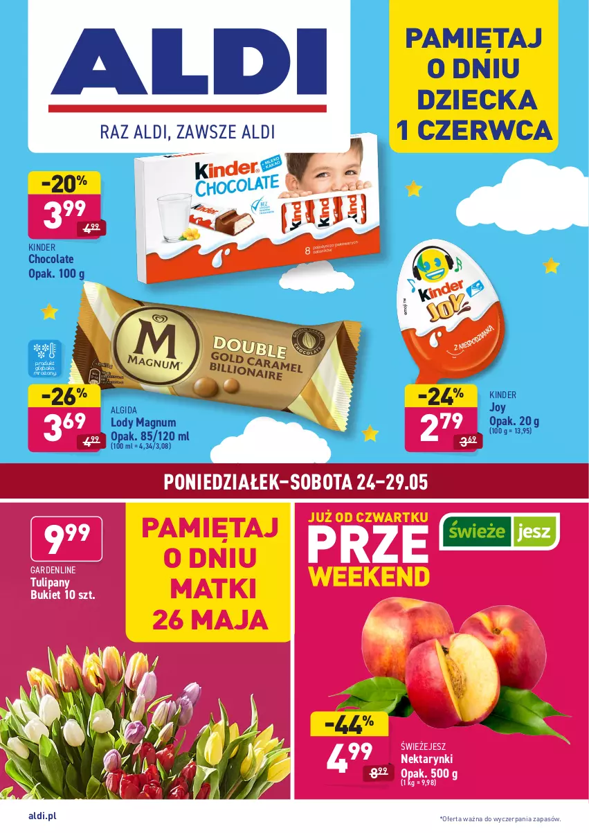 Gazetka promocyjna Aldi - ważna 24.05 do 29.05.2021 - strona 1 - produkty: Algida, Bukiet, Kinder, LG, Lody, Mięta, Nektar, Tulipan