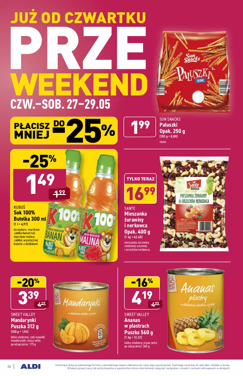 Gazetka promocyjna Aldi - ważna 24.05 do 29.05.2021 - strona 26 - produkty: Ananas, Ananas w plastrach, Kawa, Kubuś, Mandarynki, Por, Sante, Sok, Tera