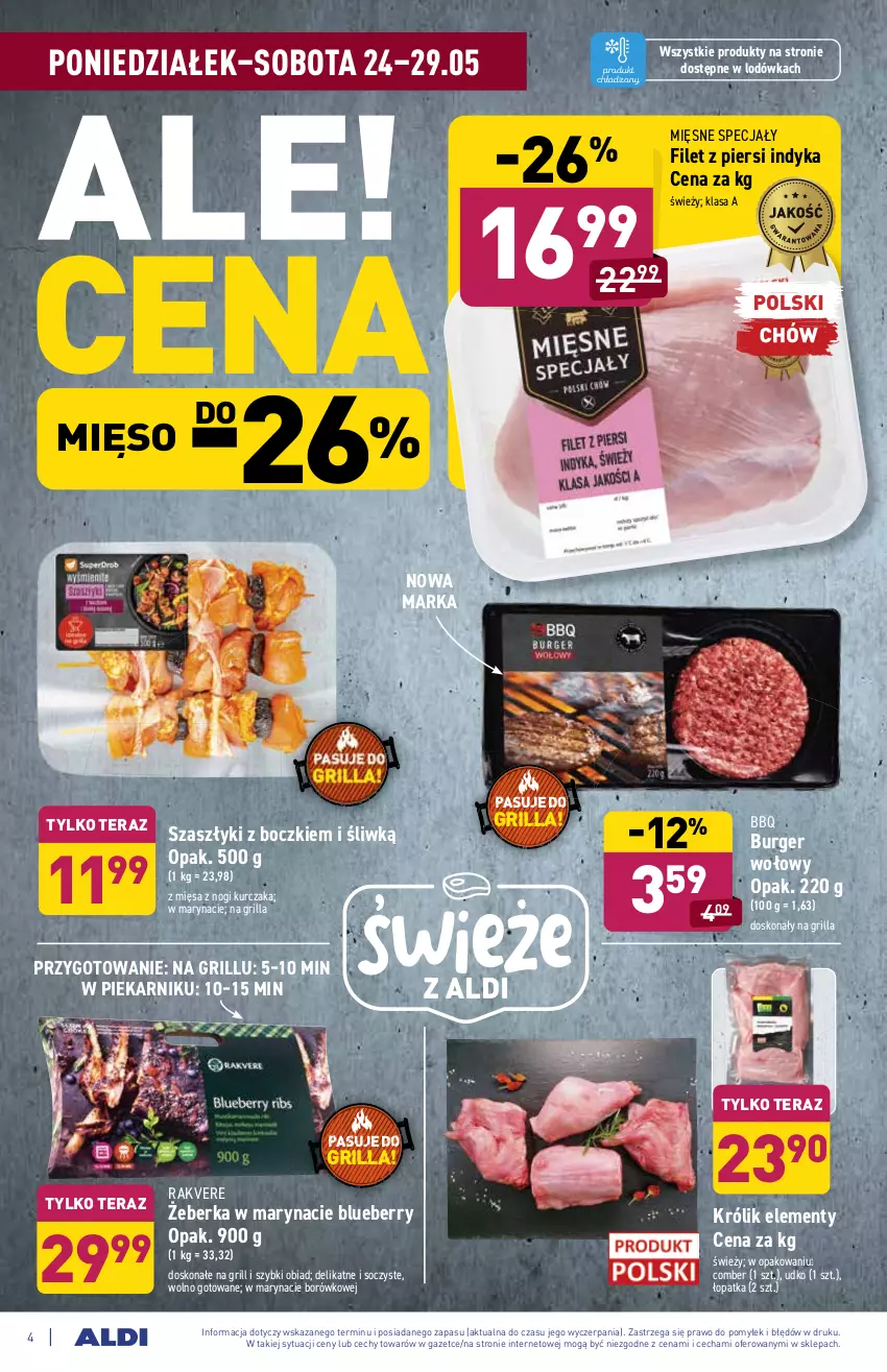 Gazetka promocyjna Aldi - ważna 24.05 do 29.05.2021 - strona 4 - produkty: Burger, Filet z piersi indyka, Grill, Królik, Kurczak, Lodówka, Mięsne specjały, Mięso, Piekarnik, Tera