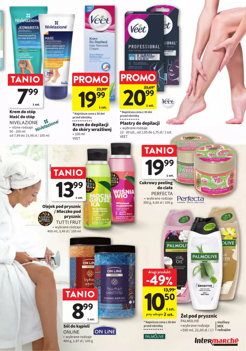 Gazetka promocyjna Intermarche - Gazetka Intermarche - ważna 11.07 do 24.07.2024 - strona 7 - produkty: Krem do depilacji, Krem do stóp, Mleczko, Nivelazione, Olej, Olejek pod prysznic, Palmolive, Perfecta, Plastry do depilacji, Sól, Sól do kąpieli, Veet