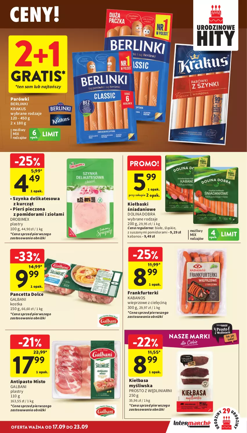 Gazetka promocyjna Intermarche - Gazetka Intermarche - ważna 17.09 do 23.09.2026 - strona 17 - produkty: Berlinki, Danio, Drobimex, Frankfurterki, Galbani, Gra, Kabanos, Kiełbasa, Krakus, Parówki, Piec, Szynka, Szynka delikatesowa