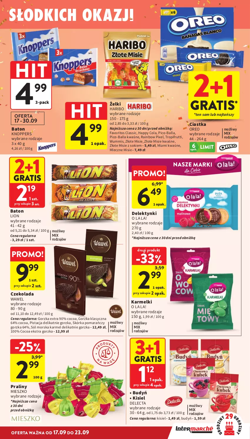 Gazetka promocyjna Intermarche - Gazetka Intermarche - ważna 17.09 do 23.09.2026 - strona 31 - produkty: Baton, Budyń, Ciastka, Czekolada, Delecta, Fa, Gra, Haribo, Kisiel, Knoppers, Lion, Oreo, Pico-Balla, Praliny, Sok, Sól, Wawel