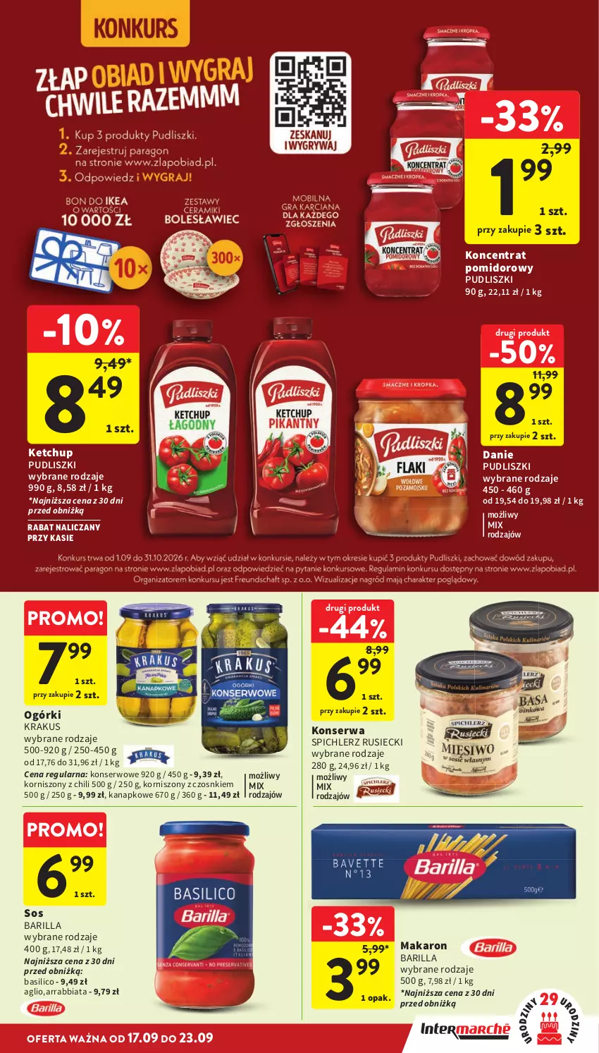 Gazetka promocyjna Intermarche - Gazetka Intermarche - ważna 17.09 do 23.09.2026 - strona 33 - produkty: Barilla, Ketchup, Koncentrat pomidorowy, Korniszony, Krakus, Makaron, Pudliszki, Ser, Sos, Spichlerz Rusiecki