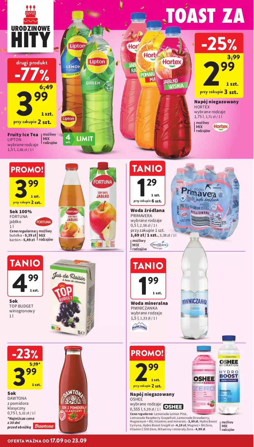 Gazetka promocyjna Intermarche - Gazetka Intermarche - ważna 17.09 do 23.09.2026 - strona 36 - produkty: Dawtona, Fortuna, Gra, Grejpfrut, Hortex, Ice tea, LANA, Lipton, Magnez, Napój, Napój niegazowany, Oshee, Prima, Primavera, Sok, Top, Wino, Woda, Woda mineralna