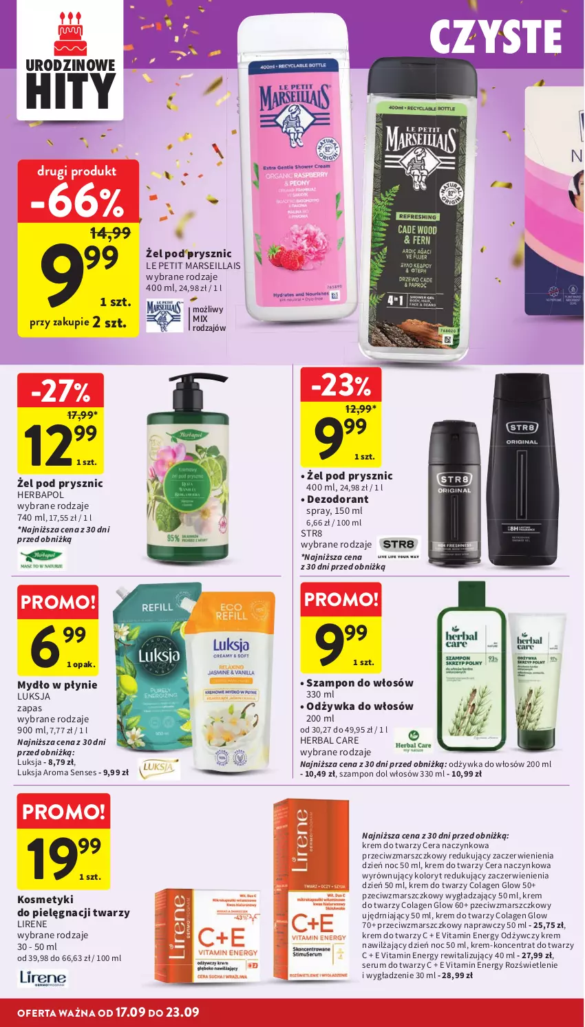 Gazetka promocyjna Intermarche - Gazetka Intermarche - ważna 17.09 do 23.09.2026 - strona 40 - produkty: Dezodorant, Herbapol, Kosmetyki do pielęgnacji, Krem do twarzy, Krem nawilżający, Lirene, Luksja, Mars, Mydło, Mydło w płynie, Odżywka, Rum, Senses, Ser, Serum, Serum do twarzy, Str8, Szampon