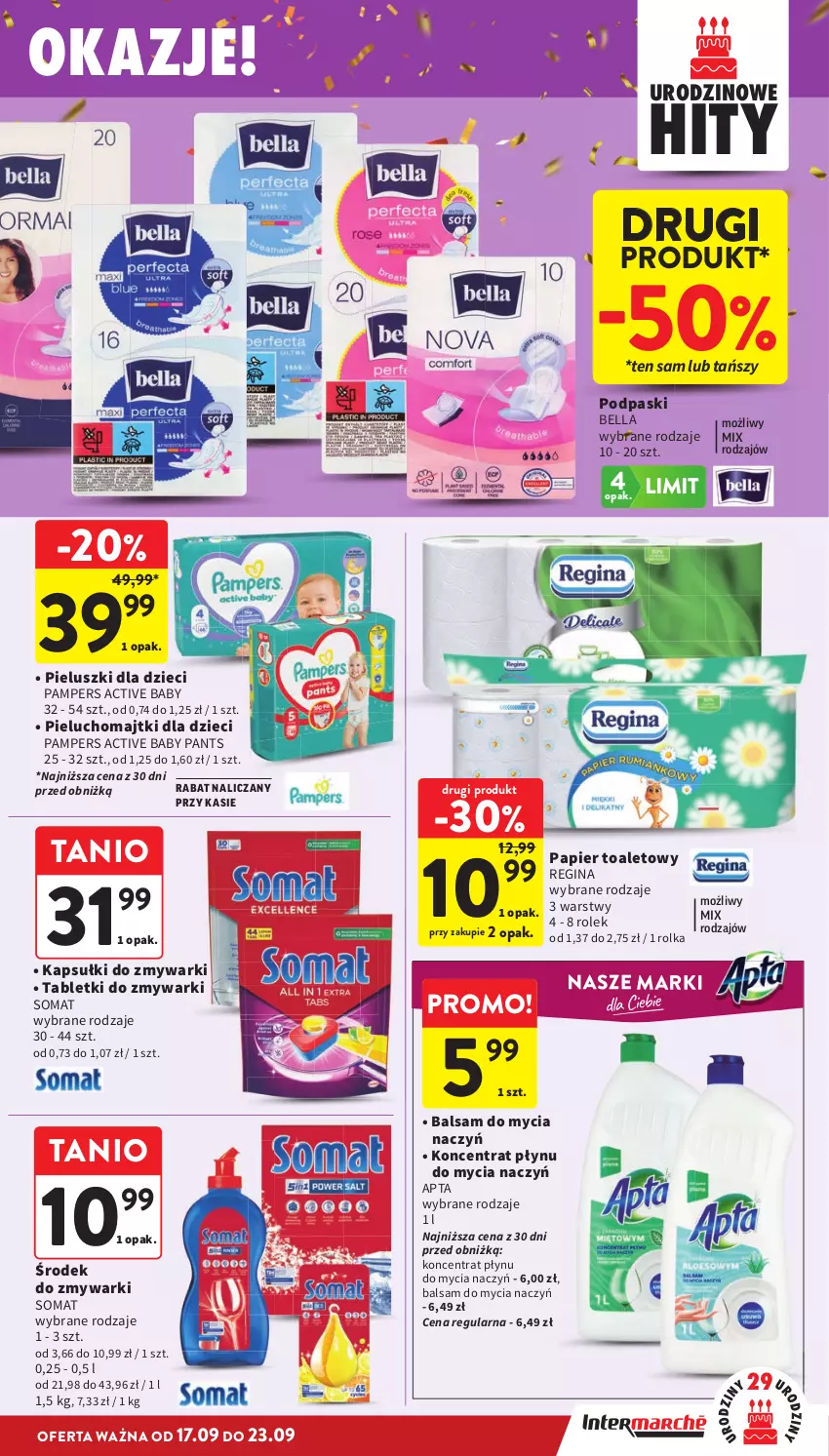 Gazetka promocyjna Intermarche - Gazetka Intermarche - ważna 17.09 do 23.09.2026 - strona 41 - produkty: Balsam do mycia naczyń, Bell, Bella, Do mycia naczyń, Dzieci, Gin, Majtki, Pampers, Papier, Papier toaletowy, Pieluchomajtki, Podpaski, Somat, Tablet, Tabletki do zmywarki, Zmywarki