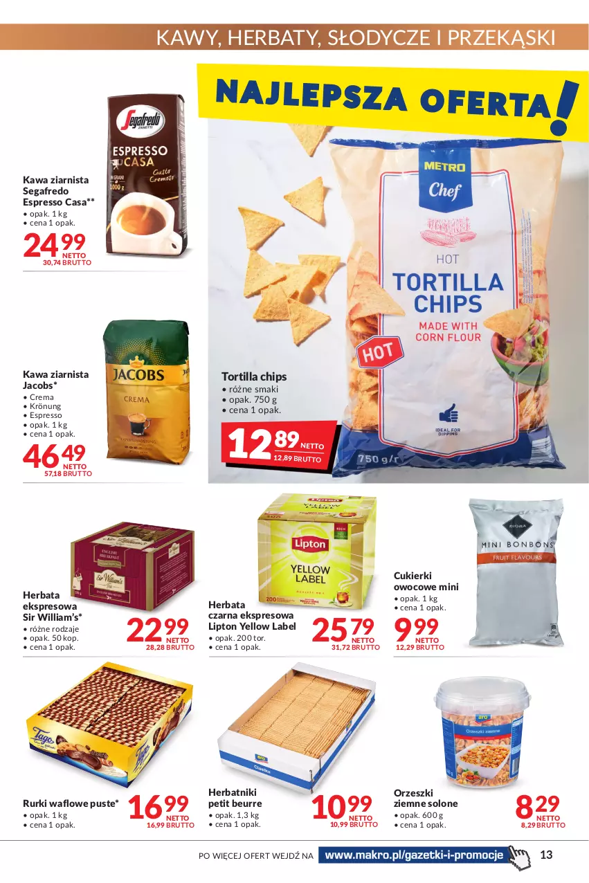 Gazetka promocyjna Makro - [Oferta promocyjna] Artykuły spożywcze i przemysłowe - ważna 19.04 do 02.05.2022 - strona 13 - produkty: Cukier, Cukierki, Herbata, Herbata czarna, Herbatniki, Herbatniki Petit Beurre, Jacobs, Kawa, Kawa ziarnista, Lipton, Orzeszki, Orzeszki ziemne, Rurki, Segafredo, Tortilla, Tortilla Chips