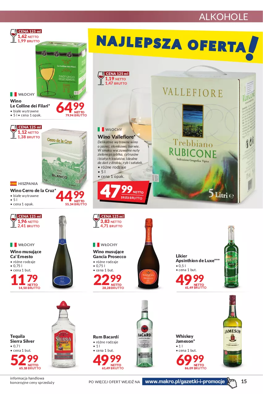 Gazetka promocyjna Makro - [Oferta promocyjna] Artykuły spożywcze i przemysłowe - ważna 19.04 do 02.05.2022 - strona 15 - produkty: Alkohole, Gancia, Jabłka, Jameson, Likier, Mus, Nuty, Prosecco, Rum, Sałat, Tequila, Whiskey, Wino, Wino musujące