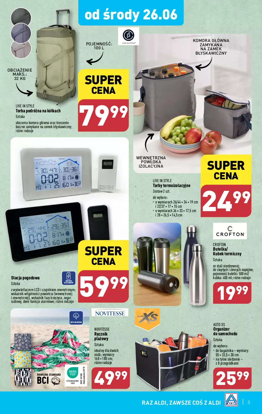 Gazetka promocyjna Aldi - Artykuły przemysłowe i tekstylia - ważna 24.06 do 30.06.2024 - strona 5 - produkty: Bateria, Fa, Kubek, Kubek termiczny, LG, O Bag, Organizer, Ręcznik, Stacja pogodowa, Torba, Wełna, Zegar