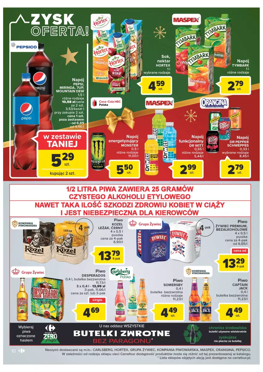 Gazetka promocyjna Carrefour - Gazetka Market - ważna 06.12 do 11.12.2022 - strona 10 - produkty: 7up, Carlsberg, Desperados, EPEE, Gin, Hortex, Kosz, Kozel, Mirinda, Pepsi, Piwo, Tymbark