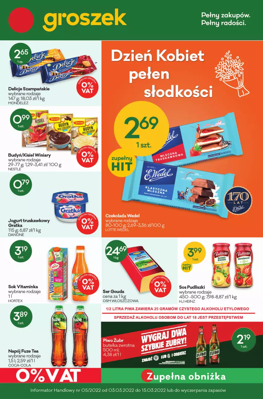 Gazetka promocyjna Groszek - ważna 03.03 do 15.03.2022 - strona 1 - produkty: Budyń, Coca-Cola, Danone, Delicje, Gouda, Gra, Heinz, Hortex, Inka, Jogurt, Kisiel, Napój, Pudliszki, Ser, Sok, Sos, Winiary