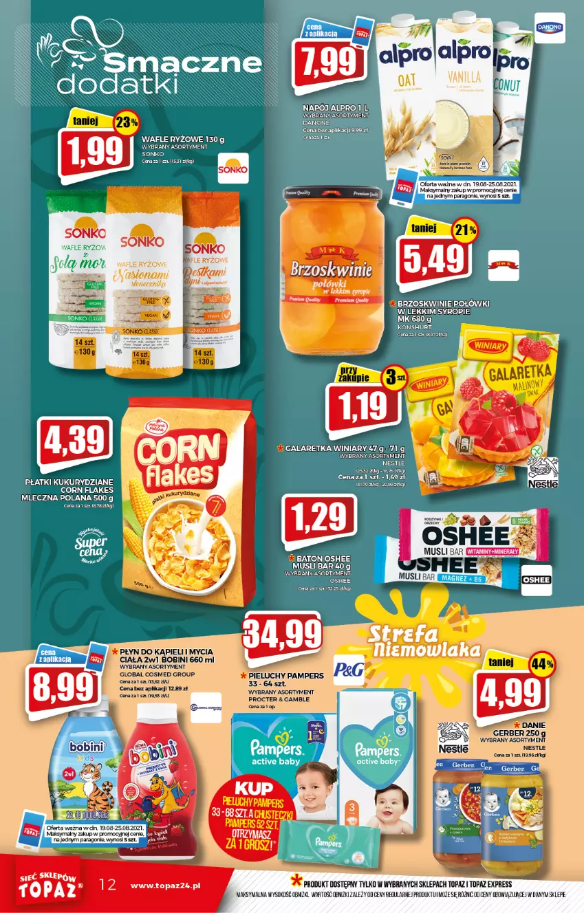 Gazetka promocyjna Topaz - Gazetka - ważna 19.08 do 25.08.2021 - strona 12 - produkty: Gerber, Pampers, Pieluchy, Płyn do kąpieli, Ryż, Sok, Sonko, Top, Wafle