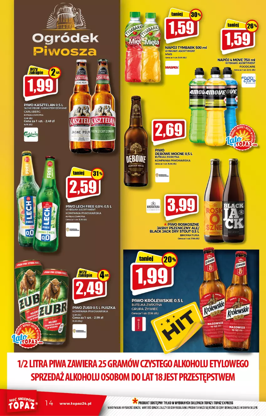 Gazetka promocyjna Topaz - Gazetka - ważna 19.08 do 25.08.2021 - strona 14 - produkty: Carlsberg, Gra, Kasztelan, Królewski, Piwa, Piwo, Sok, Top