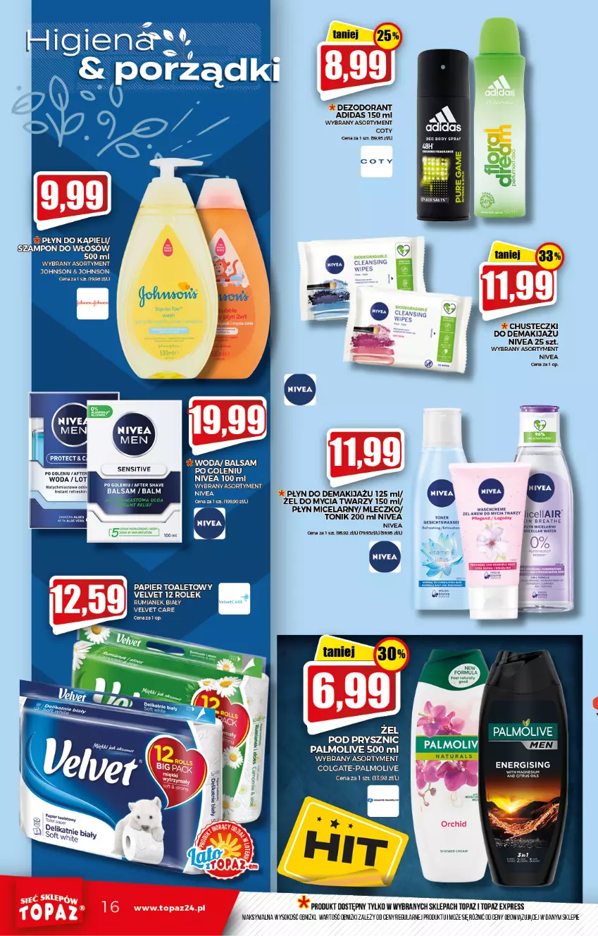 Gazetka promocyjna Topaz - Gazetka - ważna 19.08 do 25.08.2021 - strona 16 - produkty: Adidas, Balsam po goleniu, Body, Chusteczki, Colgate, LG, Makijaż, Mleczko, Nivea, Palmolive, Płyn do kąpieli, Płyn micelarny, Por, Rum, Sok, Szampon, Top, Velvet, Woda