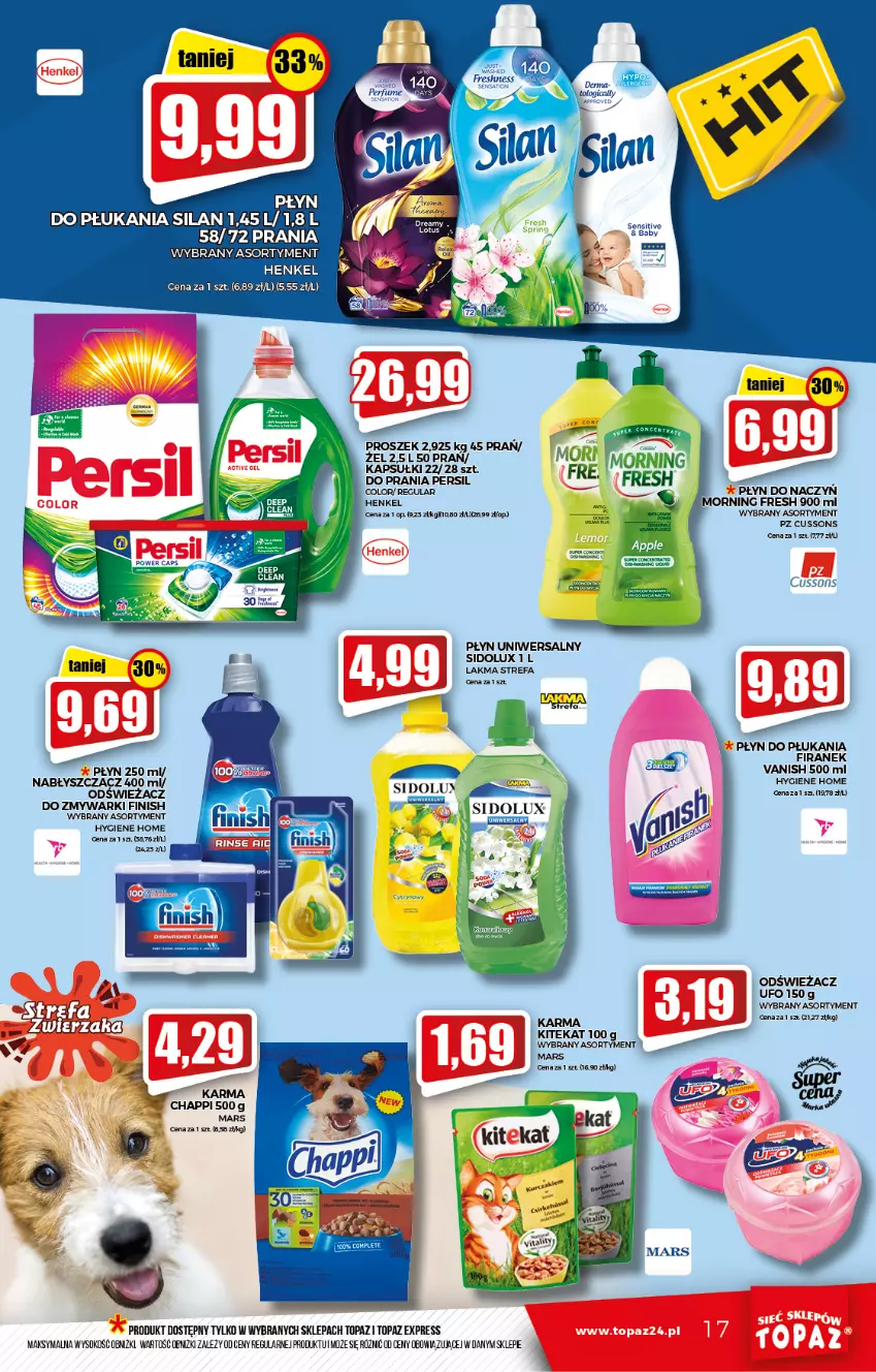 Gazetka promocyjna Topaz - Gazetka - ważna 19.08 do 25.08.2021 - strona 17 - produkty: Chappi, Fa, Finish, KiteKat, Mars, Persil, Płyn do płukania, Sidolux, Silan, Sok, Top, Vanish, Zmywarki